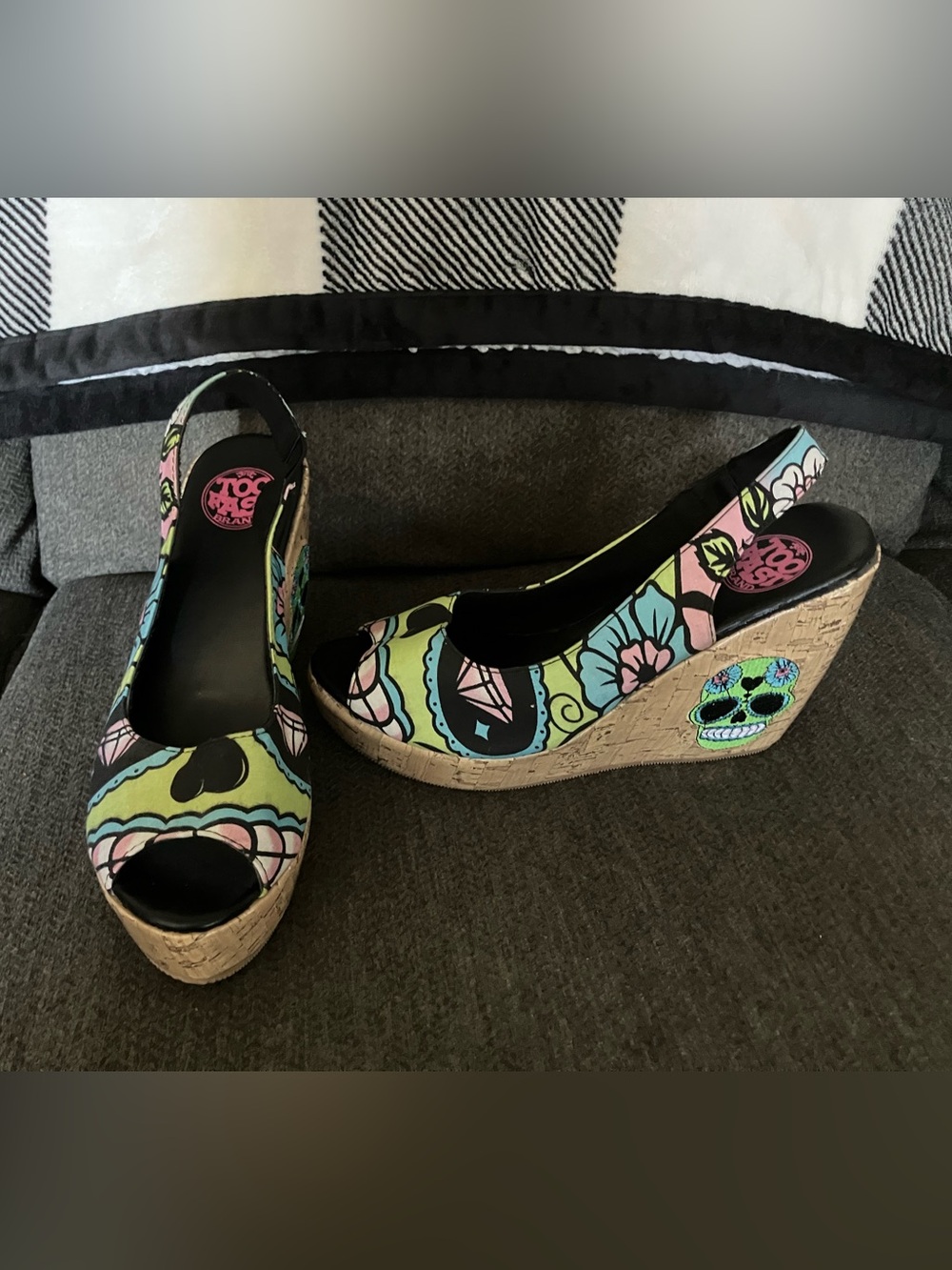 Too Fast Sugar Skull Cork Wedge Peep-Toe Slingbacks
